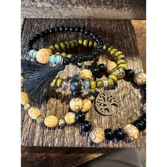 Boho Hippie Bracelet,‎ Tassel Tree Of Life Pendant Stacked Wooden Bead Stretch B - Picture 7 of 8